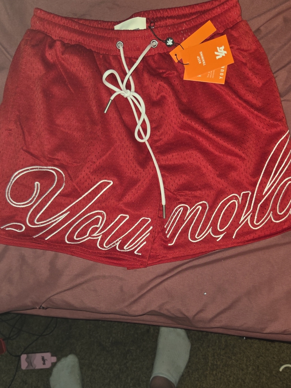 Brand NEW YoungLA Red Mesh Athletic Shorts with White Script